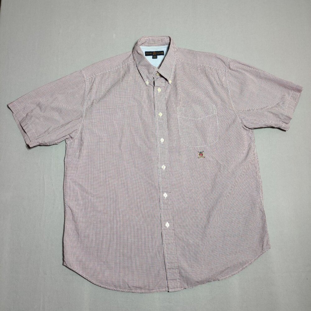 Vintage Tommy Hilfiger Golf Button Down Shirt men's size L white blue red checks